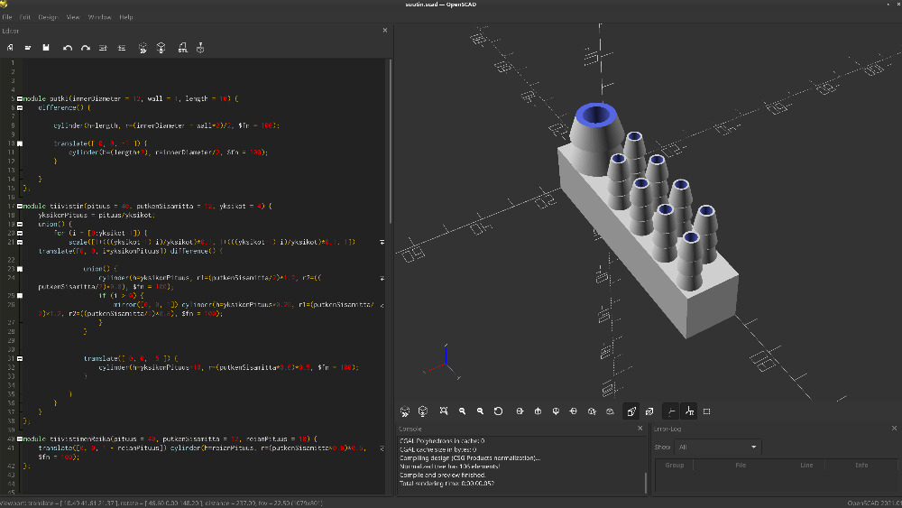OpenSCAD tuntui heti alkuun miellyttävältä softalta jolla kasata koodimaisilla purkkavirityksillä 3D-kappaleita