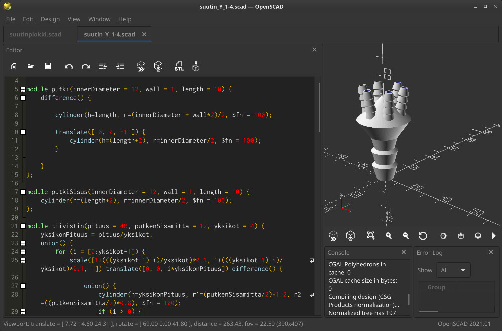 OpenSCAD on koodarin lemppari. Elementtejä voi muunnella parametrien ja muuttujien avulla, ja voipa operaatioita ketjuttaa tutuilla silmukoillakin. Kuvassa parvekepuutarhaa varten suunniteltu letkujakoliitin, jonka voi printata ilman tukirakenteita.
