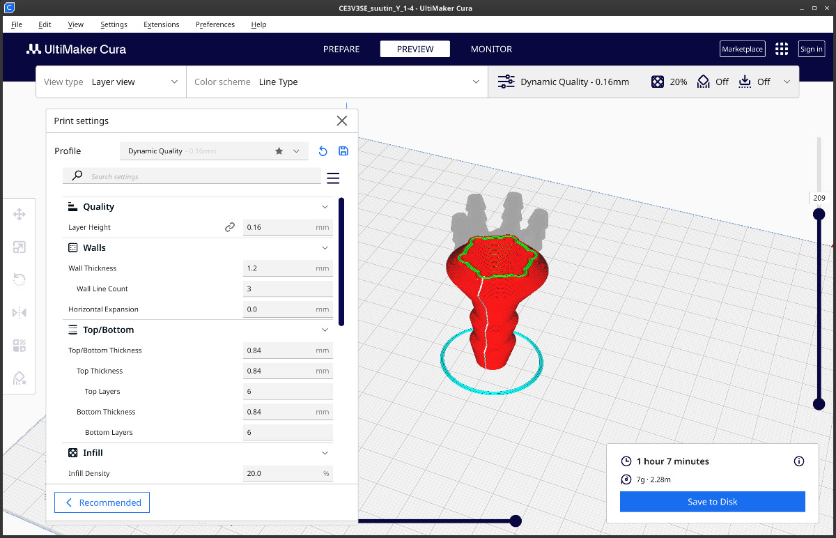 Slaisserin säädöillä voi saada aikaan monenlaista jälkeä. Esikatselunäkymästä voi myös havainnollistaa itselleen, miten se muovi oikeasti siihen kappaleeseen yritetään pursottaa...