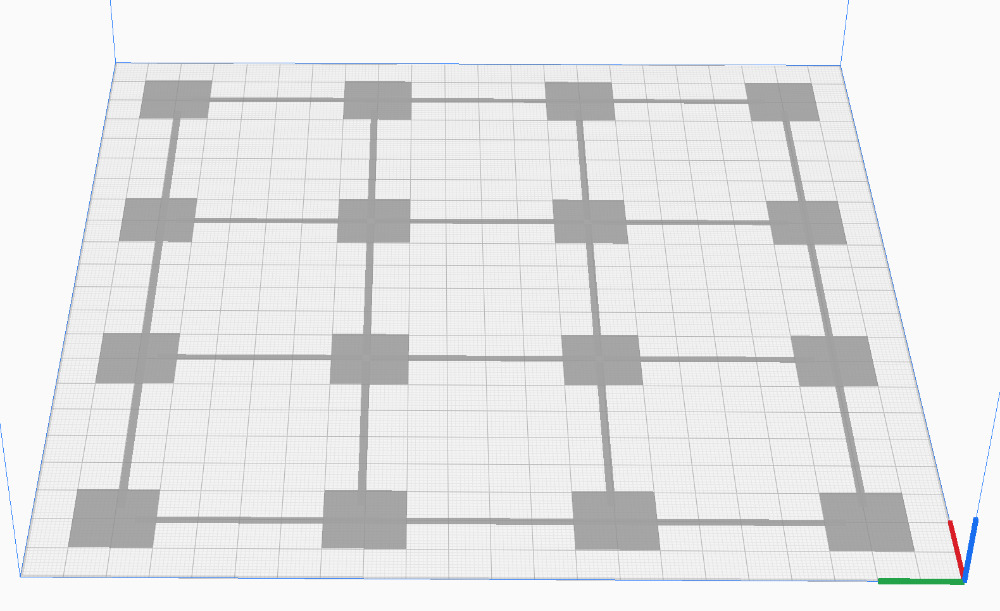 Kalibrointikuvio, jossa 16 testipistettä. Näiden perusteella sitten päätellään, pitääkö korkeuskartan tiettyä pistettä nostaa vai laskea, jotta testauskuvio muuttuu tasaisemmaksi ja paremmaksi.
