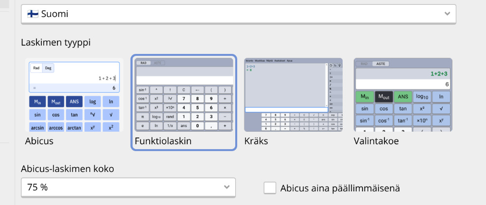 L'Mathissa on jatkossa valittavissa Abicus tai jokin Kräks-laskimen moodeista